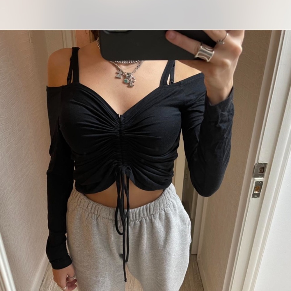 LNA Black Ruched Drawstring Cold-Shoulder Crop Top